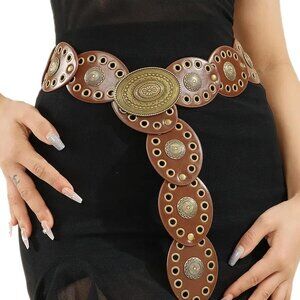 Women Wide Leather Western Belt Vintage Concho Boho Country for Jeans